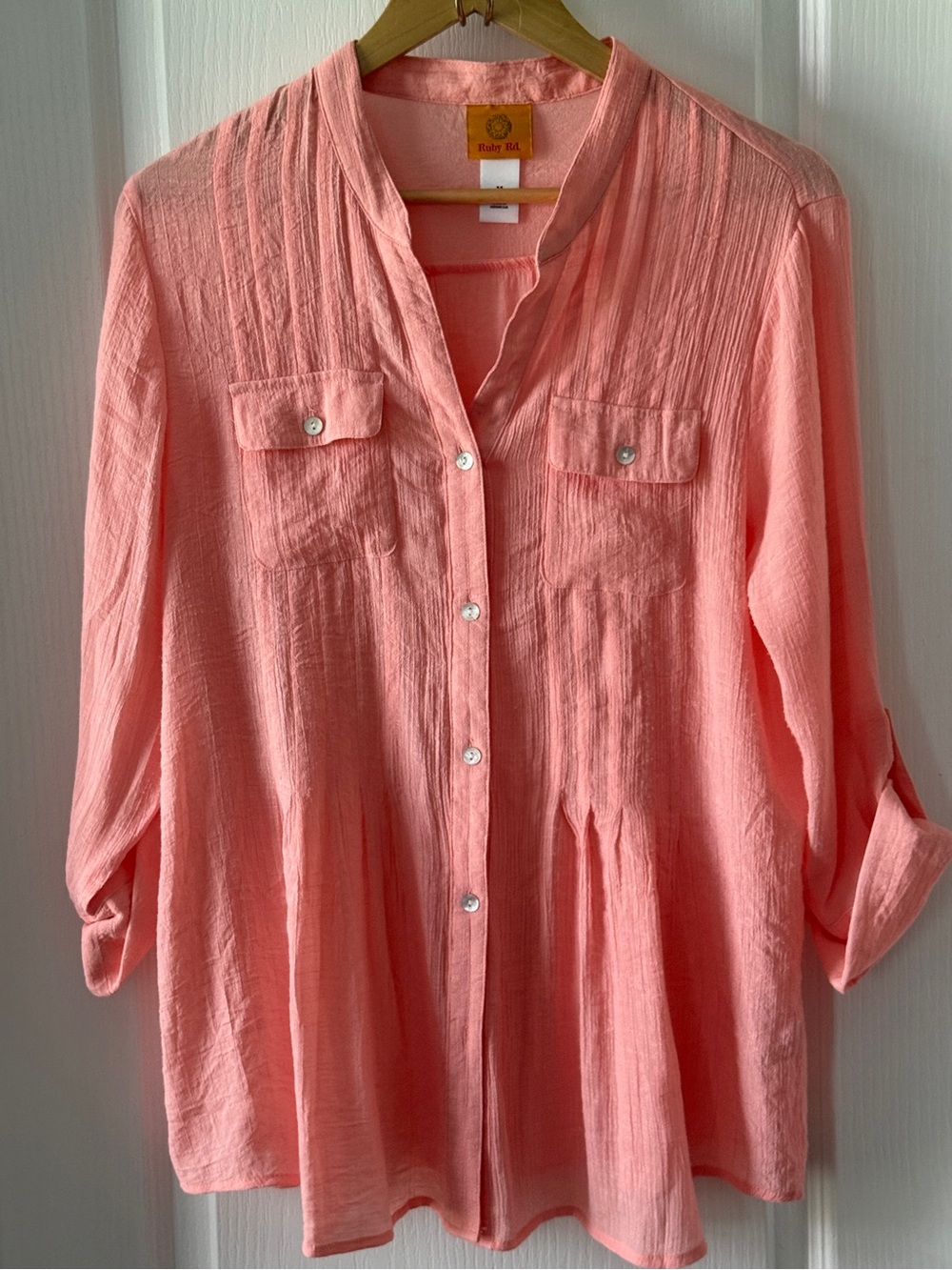 Ruby Rd. Women's Solid Silky Slub Pleated Button Front Top Coral Pink Size M